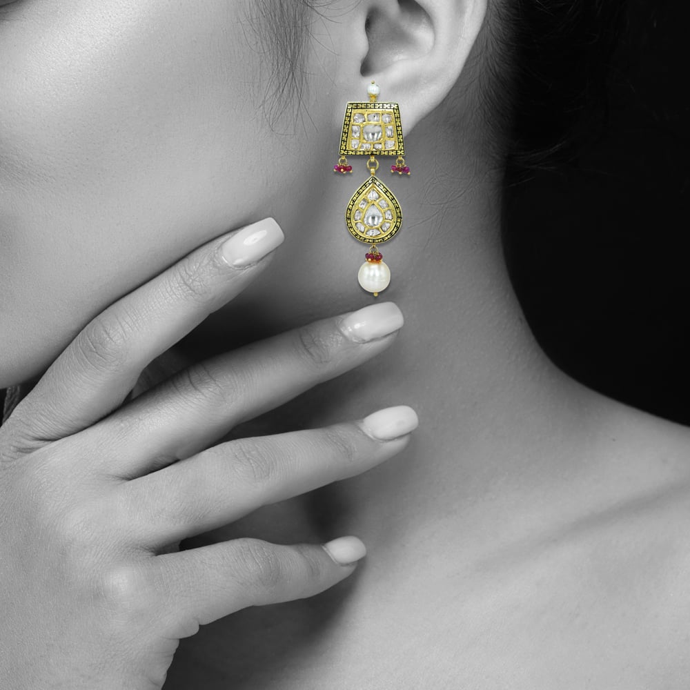 Geometric Polki Earrings with Ruby Beads, Partash work, and Pearls